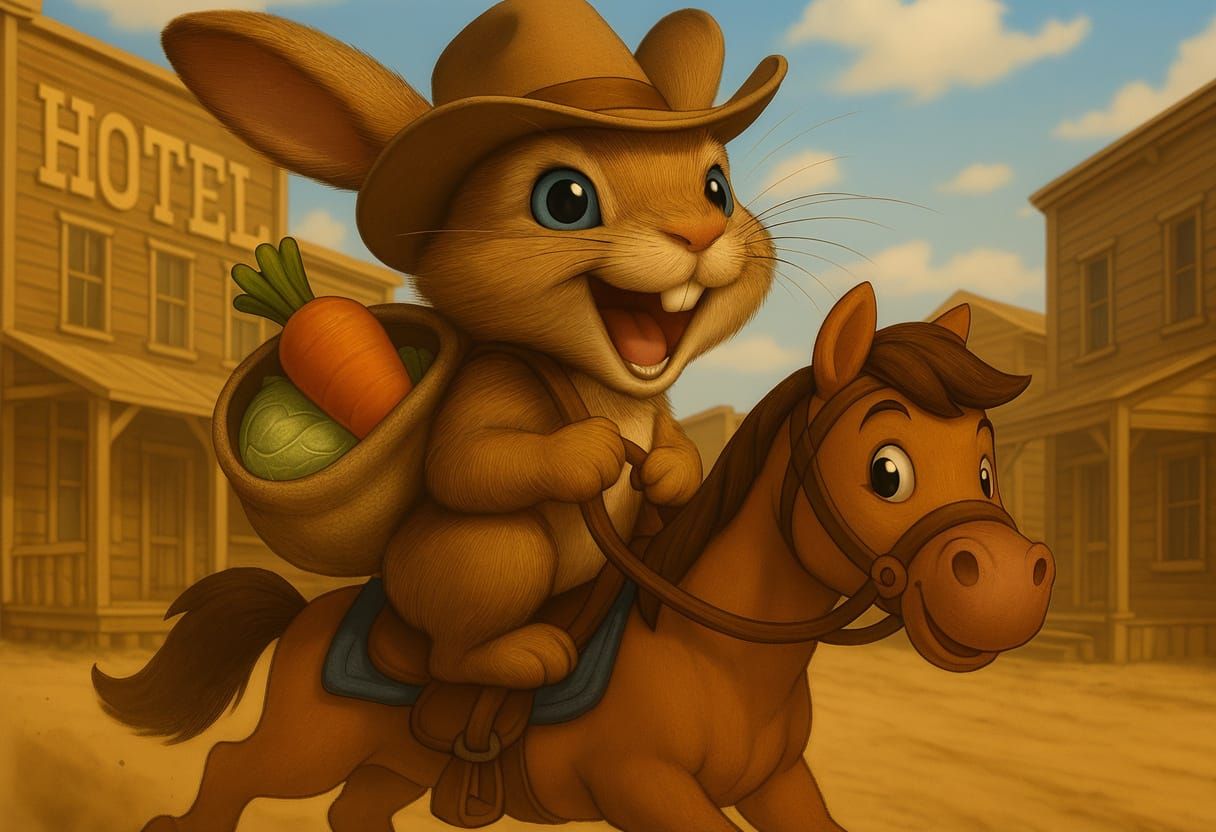 Cartoon Bunny Cowboy on Horseback Adventure