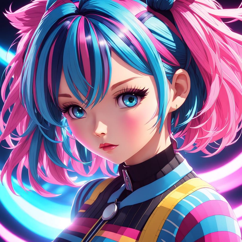Vibrant Anime-Inspired Woman in Striped Outfit