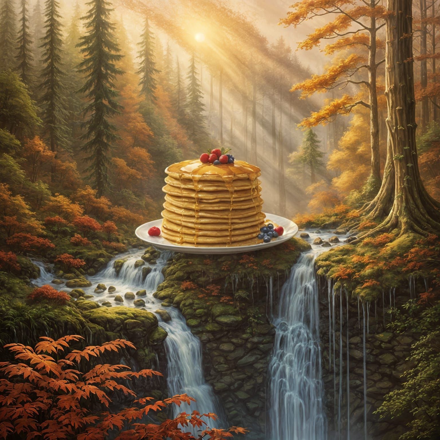 Oversized Pancake Waterfall in Forest Fantasy
