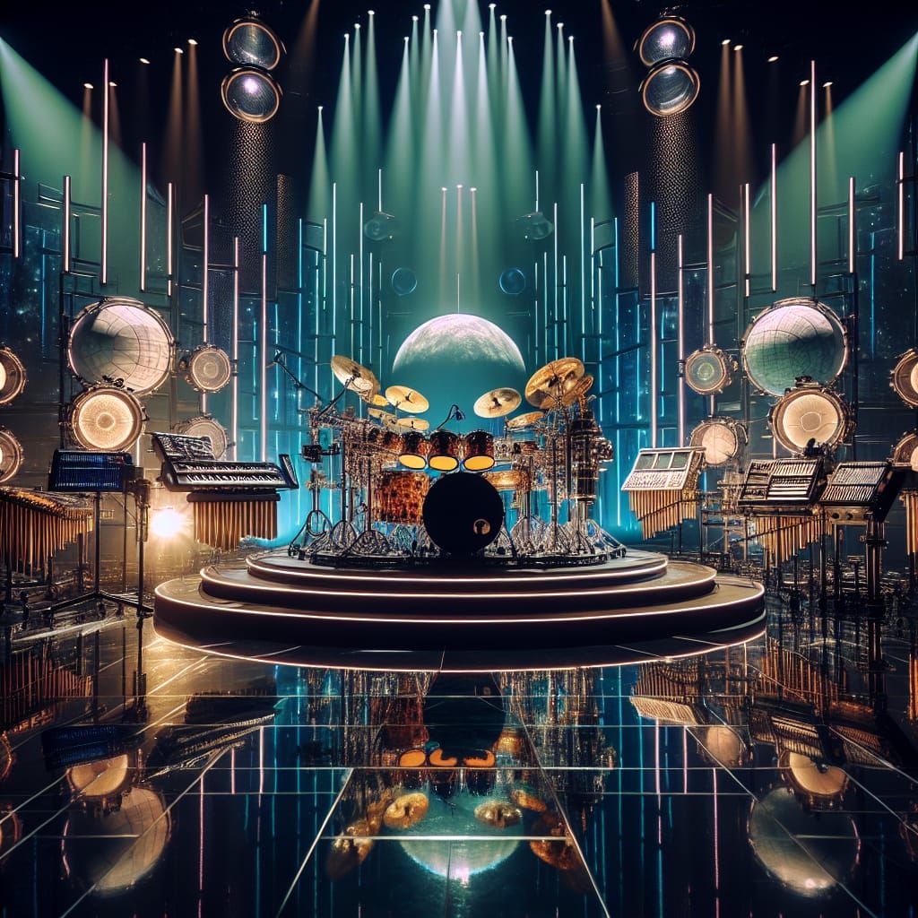 Futuristic Drum Kit on Stage with Surreal Lighting