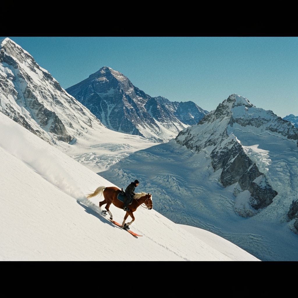 Snowboarding Horse on Everest: Cinematic Film Still