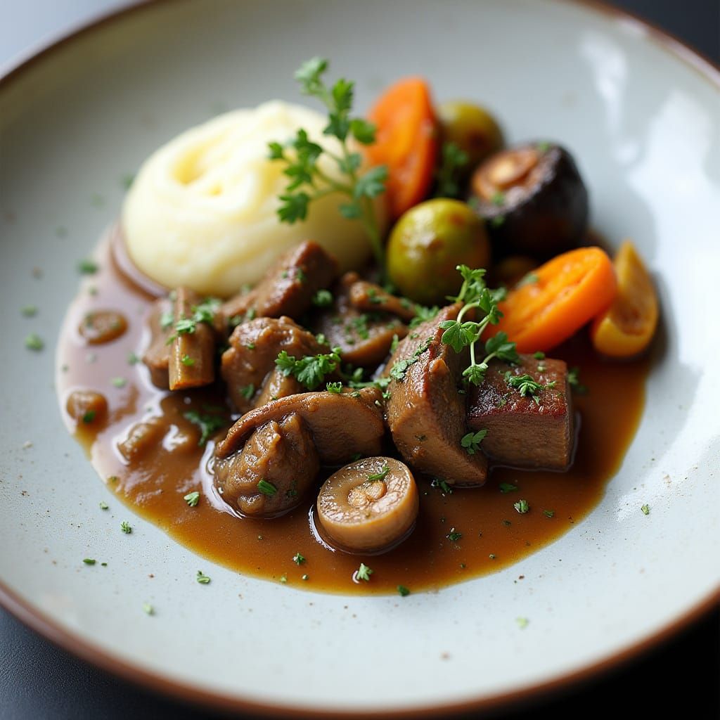 Modern Beef and Mushroom Masterpiece with Whipped Mashed Pot...