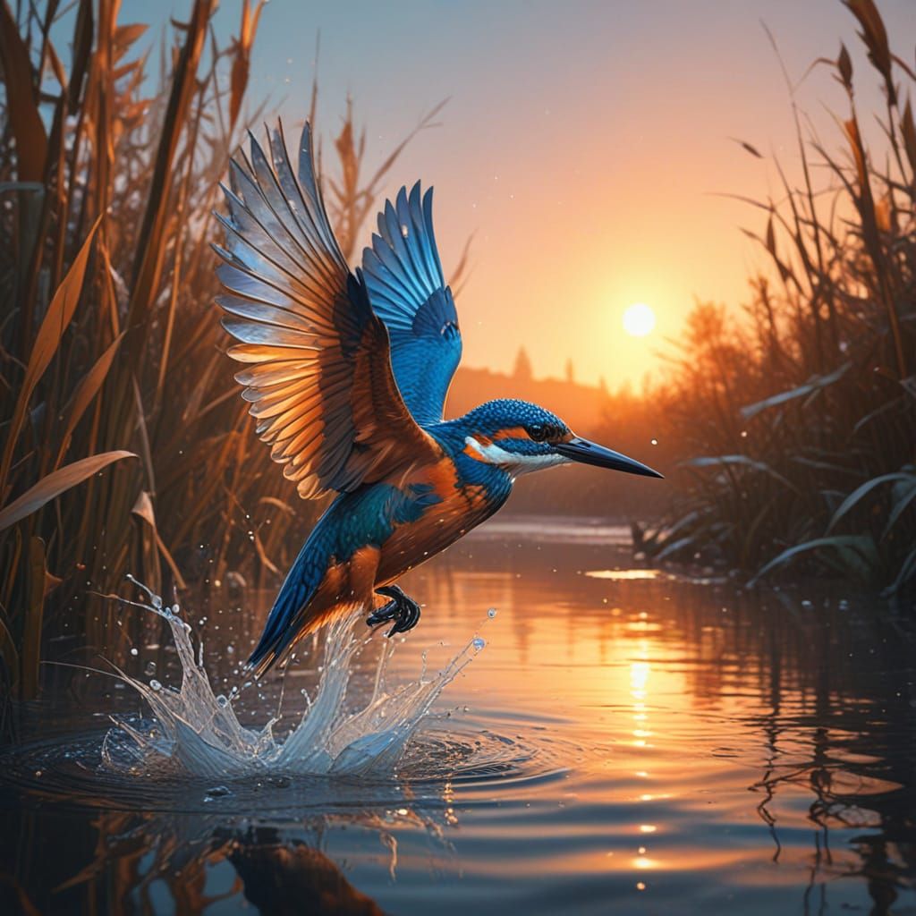 Vibrant Kingfisher in Mid-Air, Amidst a Serene River Landsca...