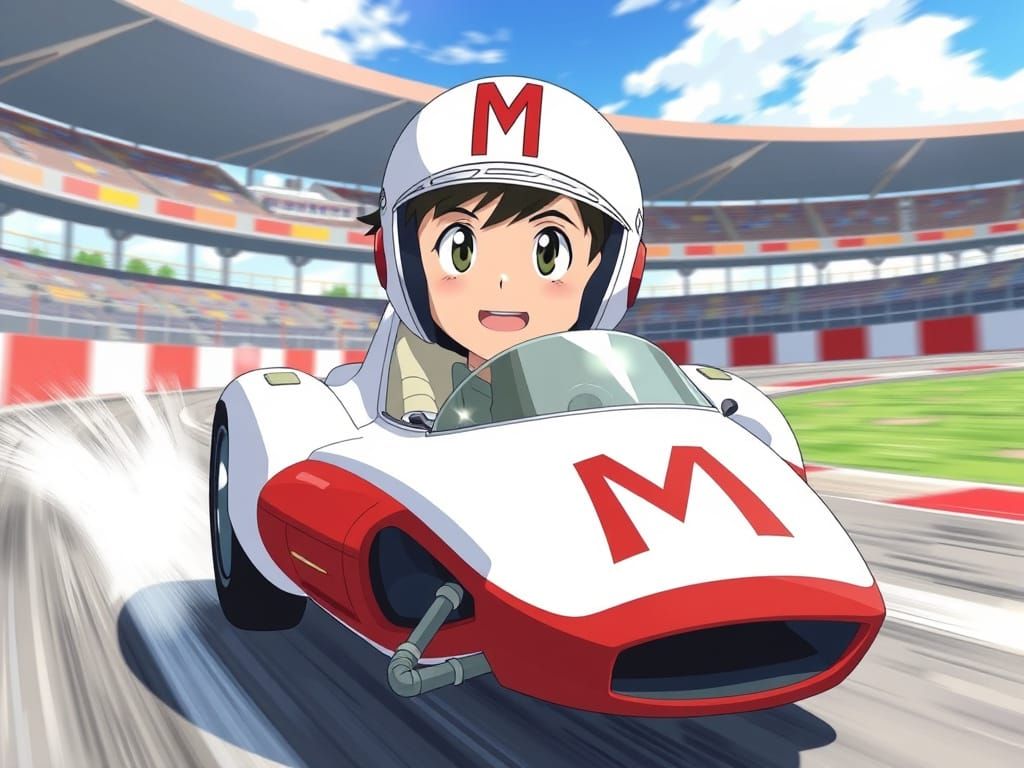 Teenage Anime Racer Speeds Along the Track in High-Tech Mach...