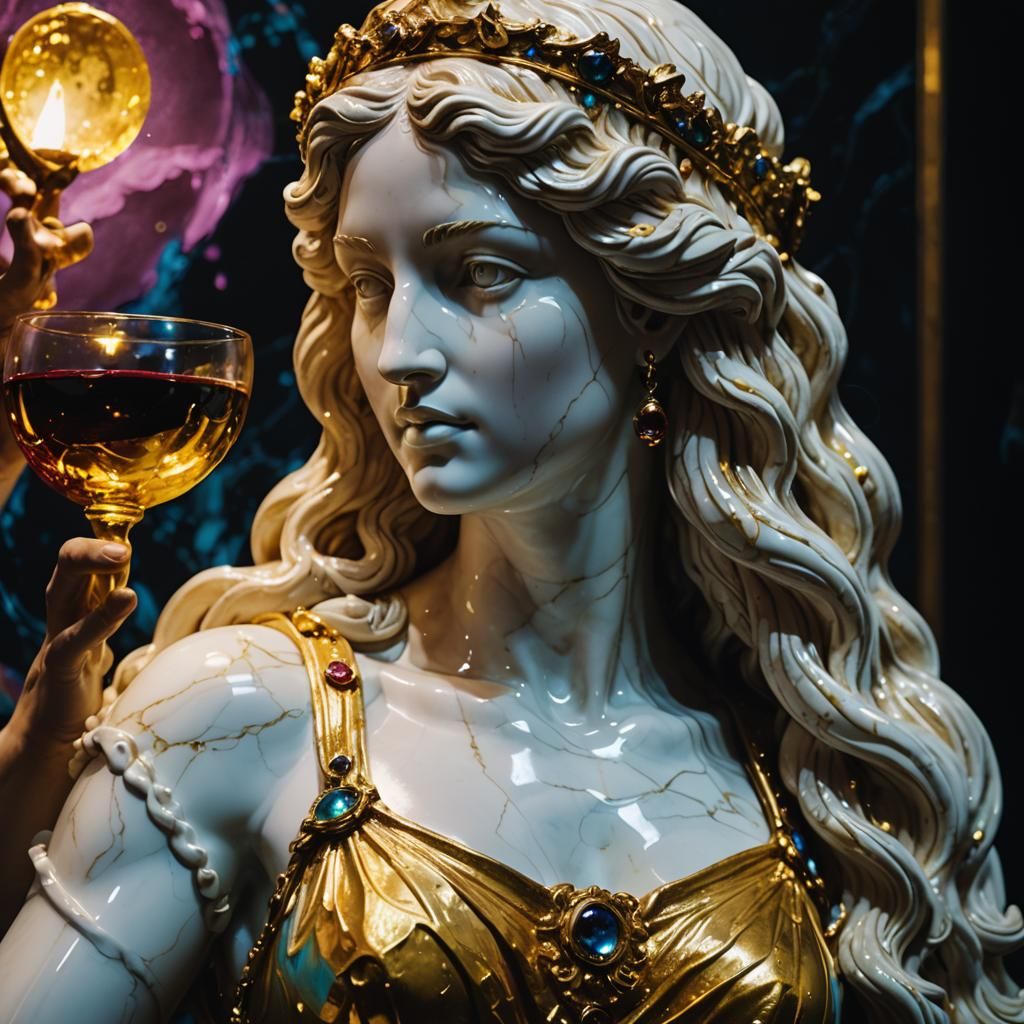 Aphrodite Statue with Wine in Neon Greek Landscape