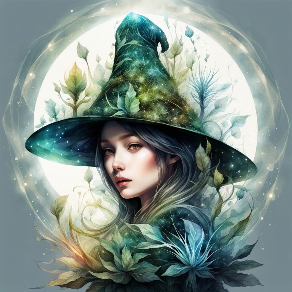 Chibified Wizard Hat in Double Exposure Watercolor Illustrat...