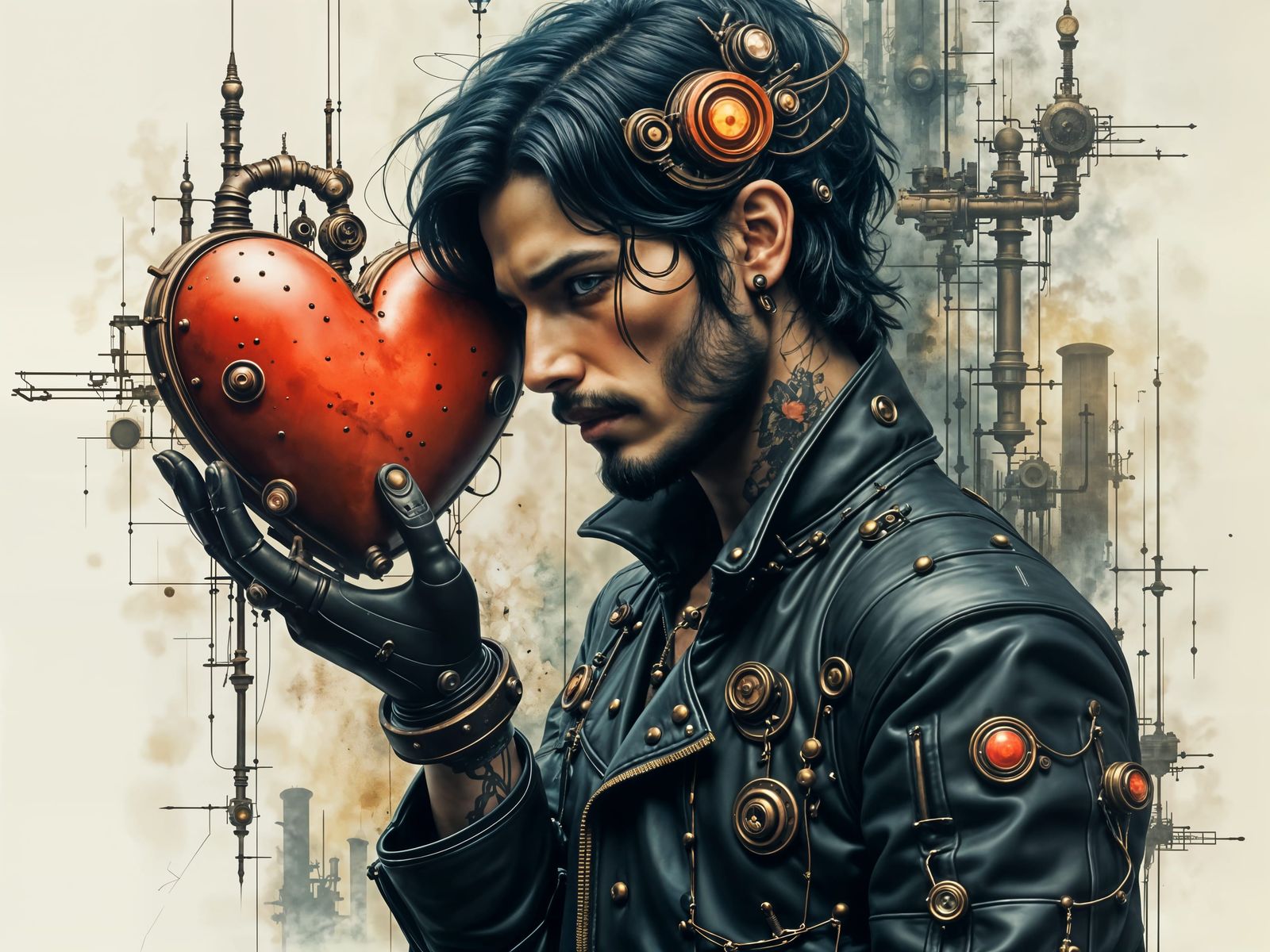 Steampunk Man with Heart in Surreal Cityscape