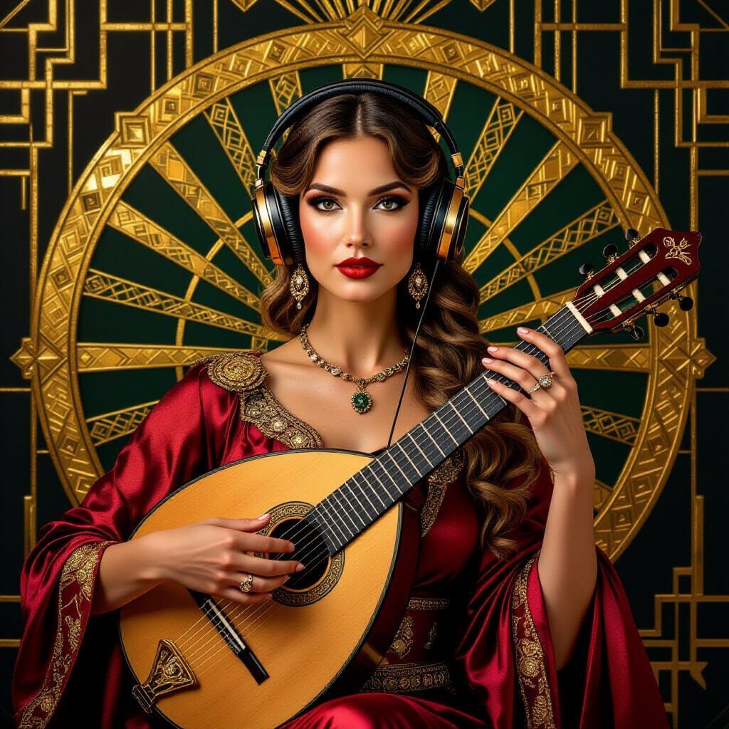 Bard With Headphones and Lute in Art Deco Style