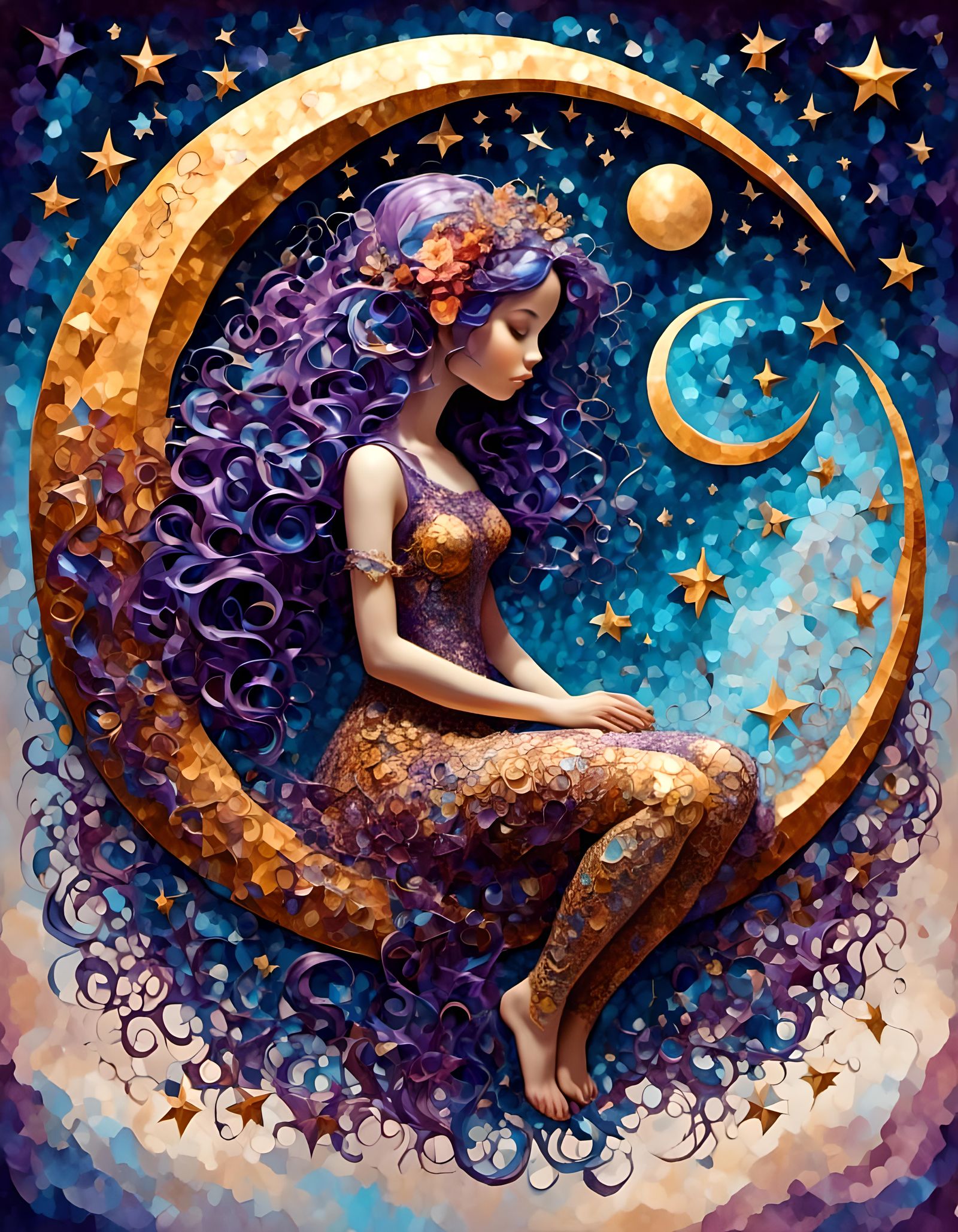 A girl in a lacy dress sits on a crescent moon looking down towards the world, the sky is dark with purple, blue red an...