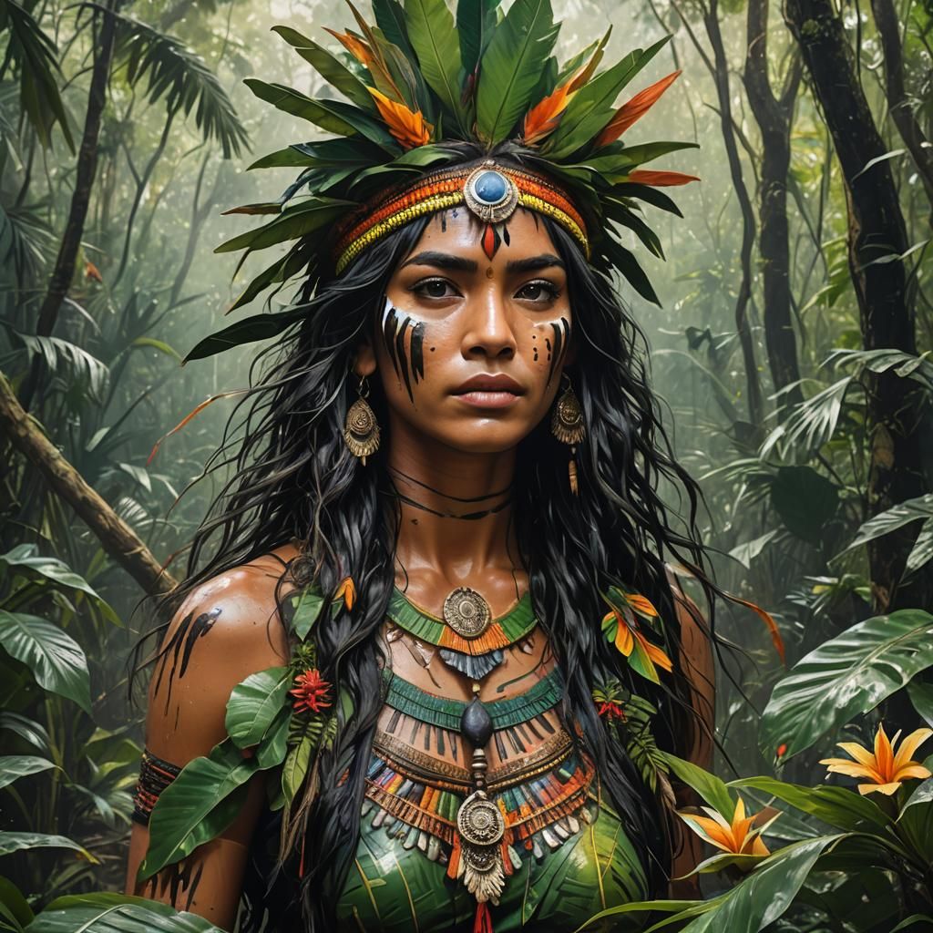 Hyperrealistic Amazonian Woman in Tropical Forest