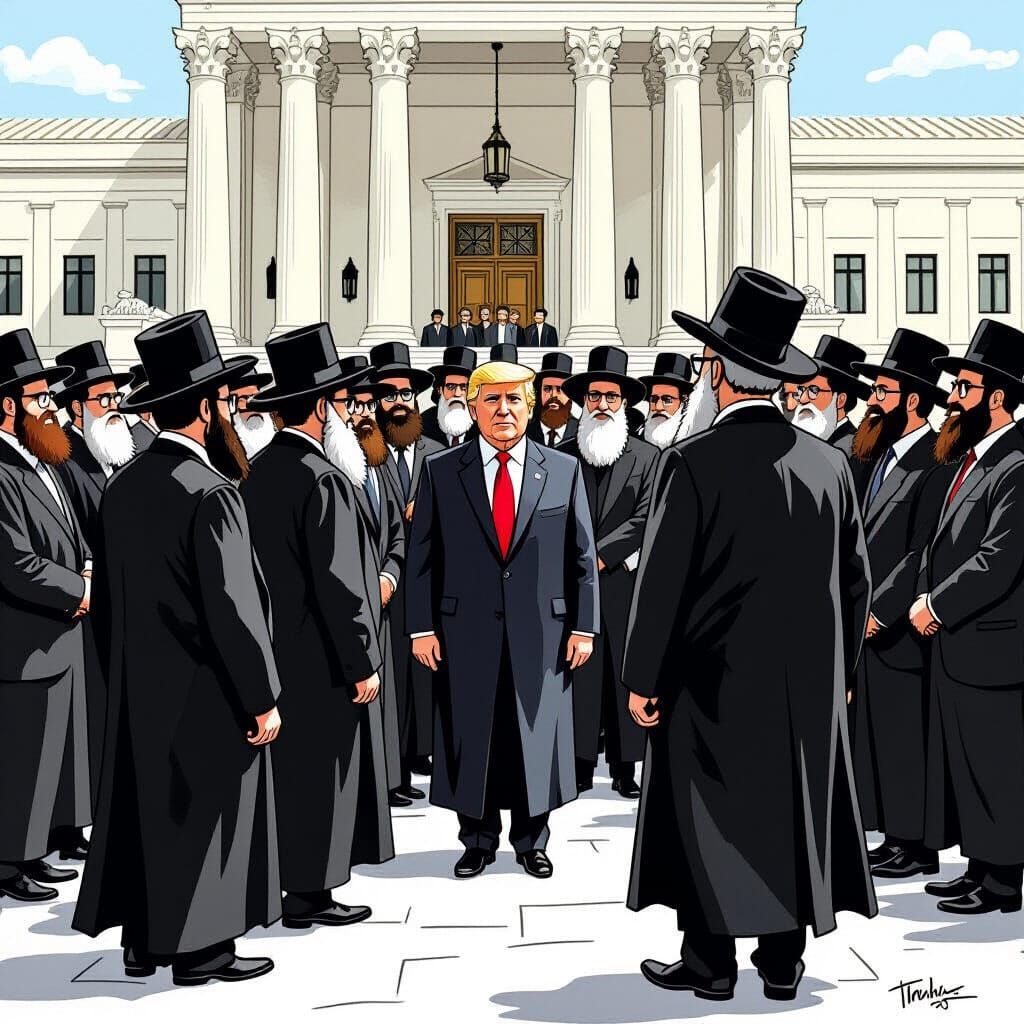 Cartoon of Trump and Ultra-Orthodox Jews Before Judges