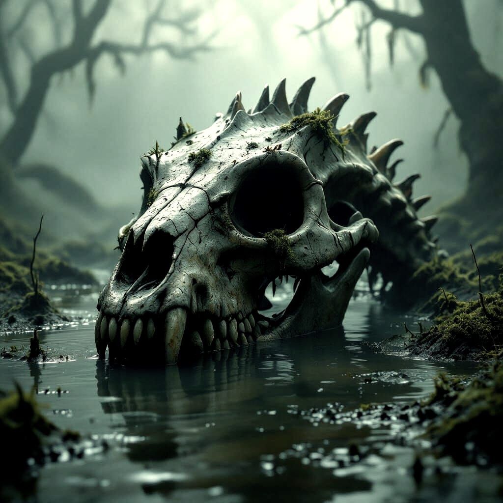 Eerie Dragon Skull in Foggy Swamp