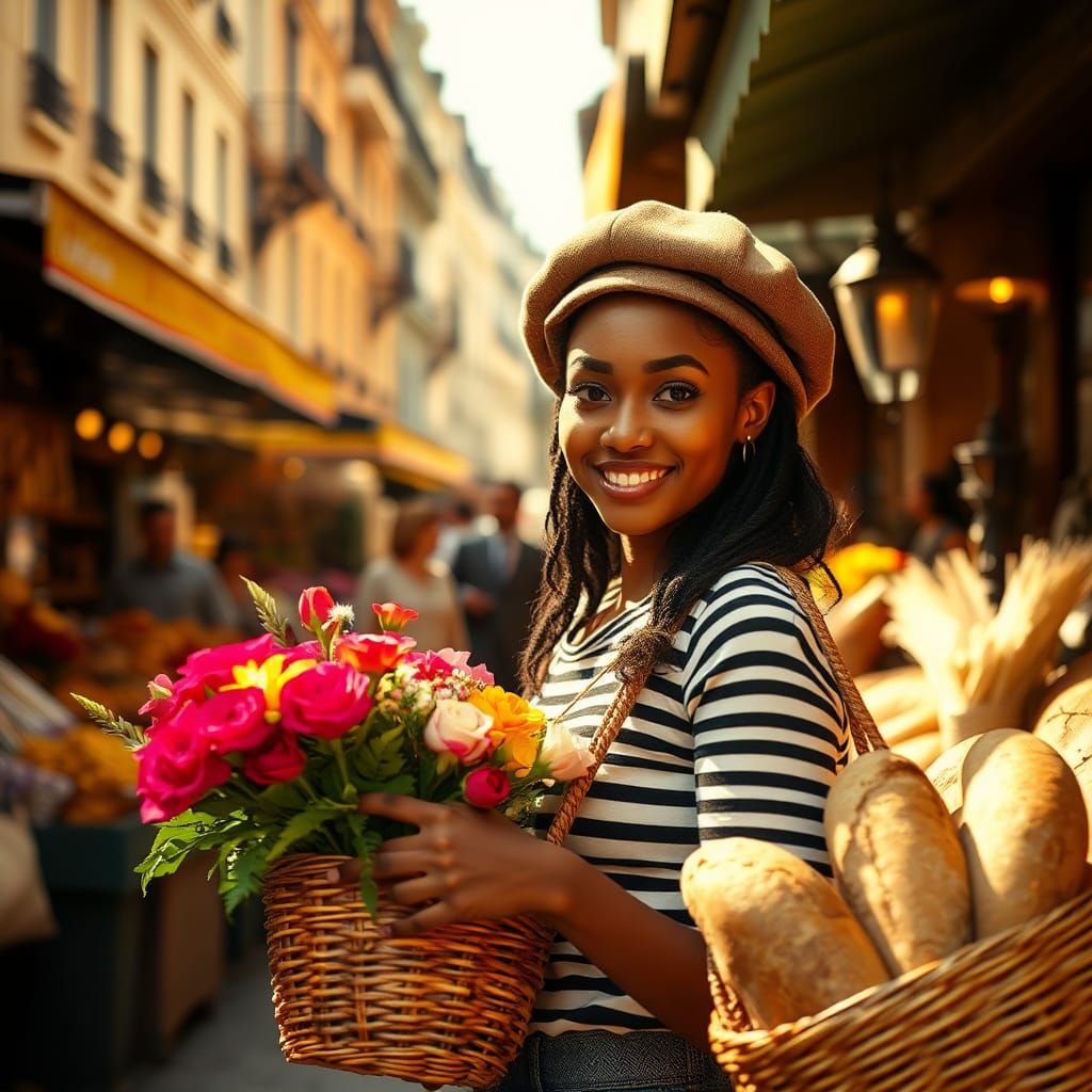 Parisian Girl at Market, Hyperrealistic Fashion Portrait