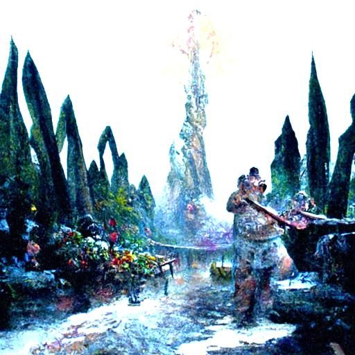 Scarred Warrior in Ethereal Underground Oasis