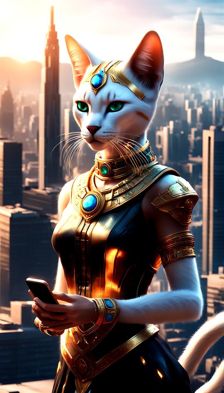 Blond Cat-Eared Goddess Bastet in Hyperrealistic Style