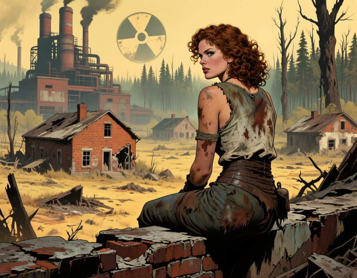 Post-Apocalyptic Woman in Ruined Landscape