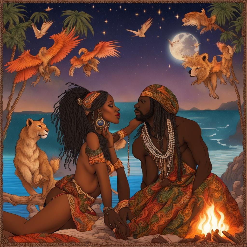 Romantic Kiss by Beach Fire Under Starry Sky