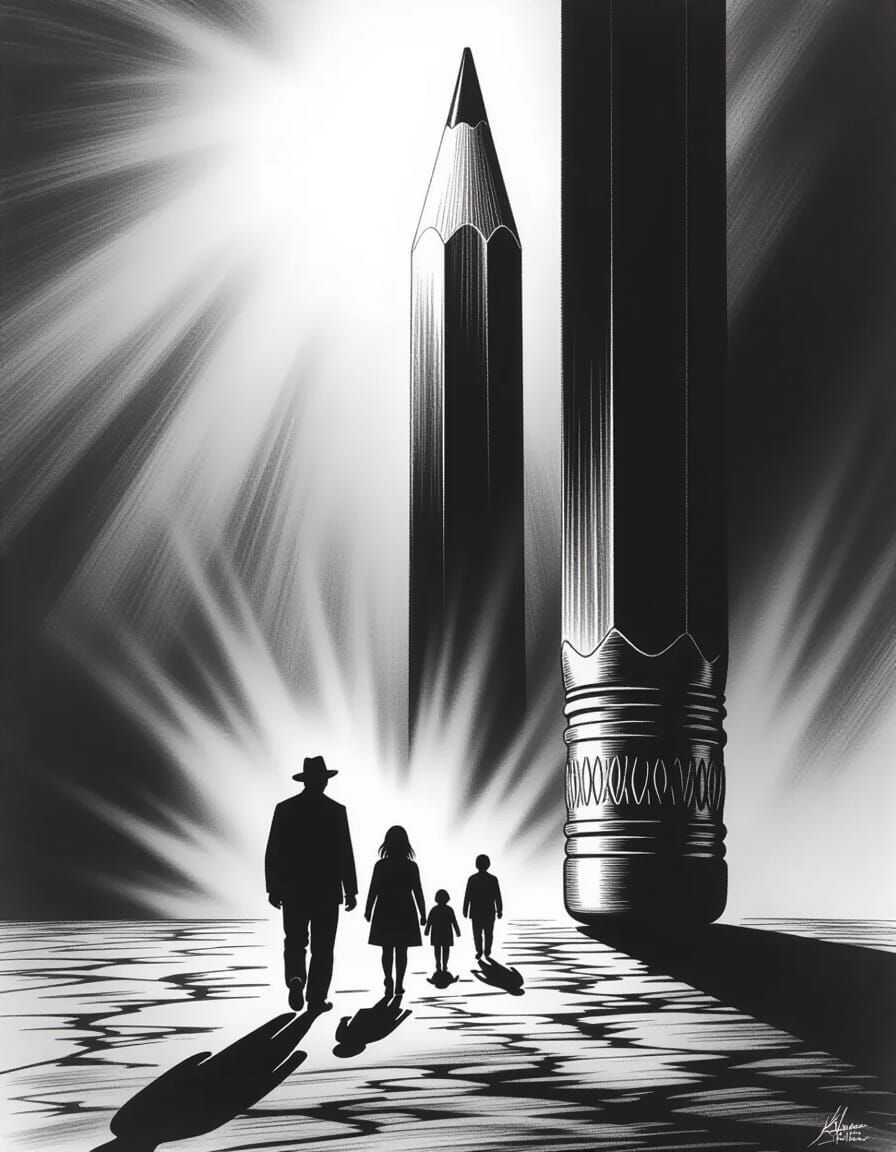 Charcoal Drawing of Pencil Figures Approaching Giant Statue