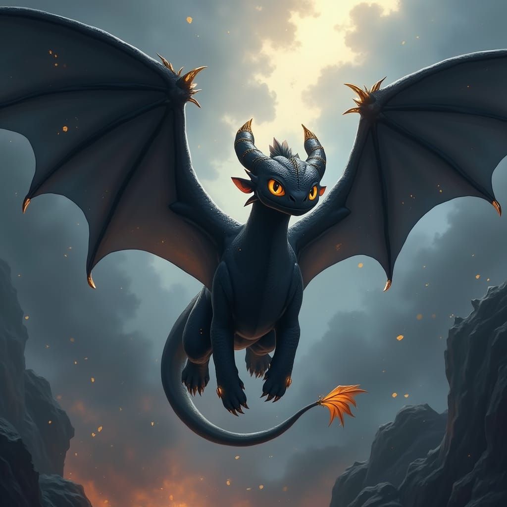 Majestic Four-Winged Black Dragon in Epic Fantasy Concept Ar...