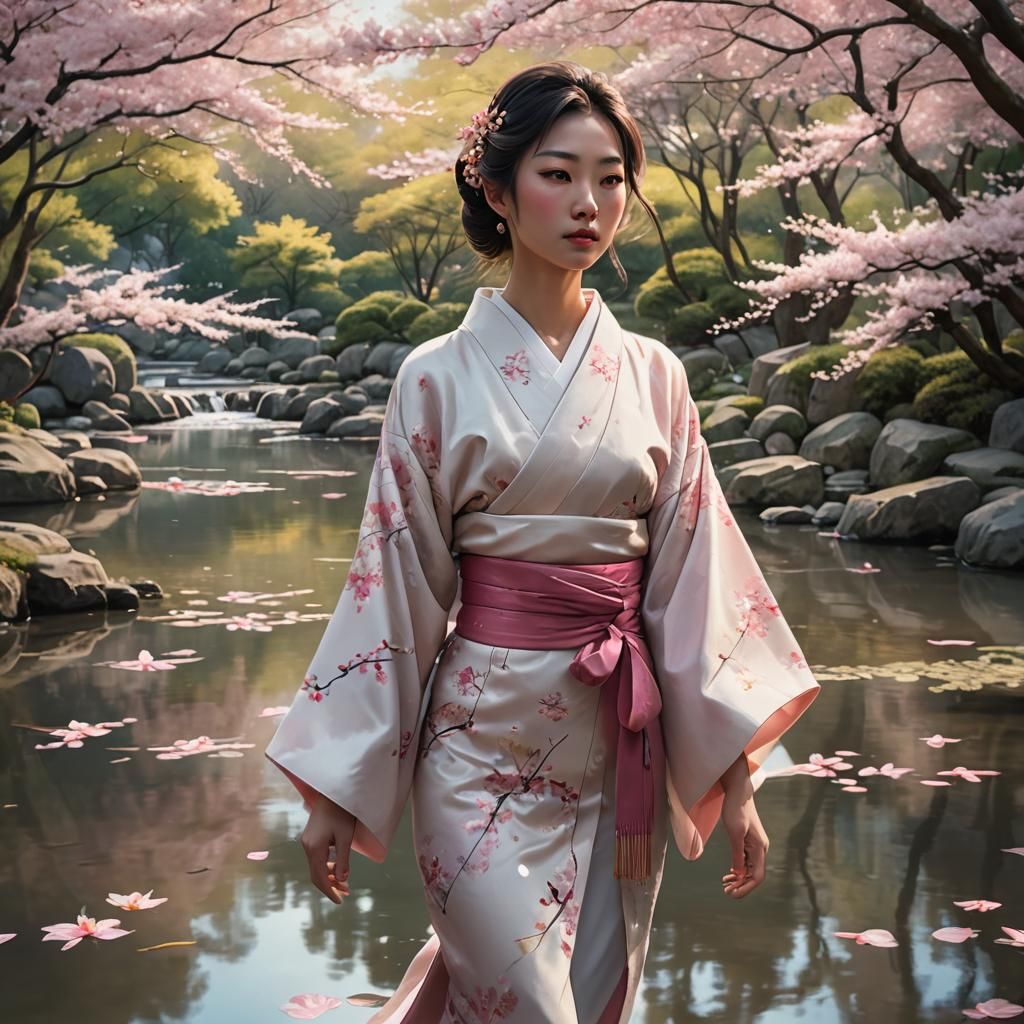 Japanese Woman in Kimono Under Cherry Blossoms