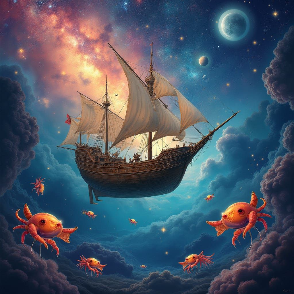 Surreal Cosmic Vessel Sails Through Vibrant Galaxy