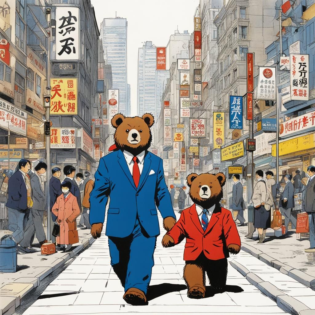 Bear in Suit Walking in City: Toriyama Style