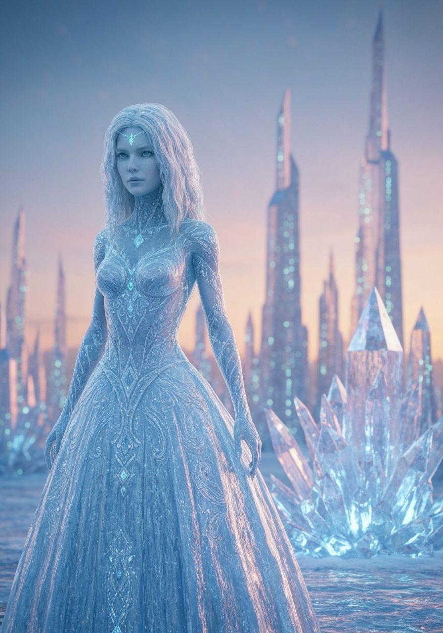 Icy Humanoid Girl in Frozen Cityscape