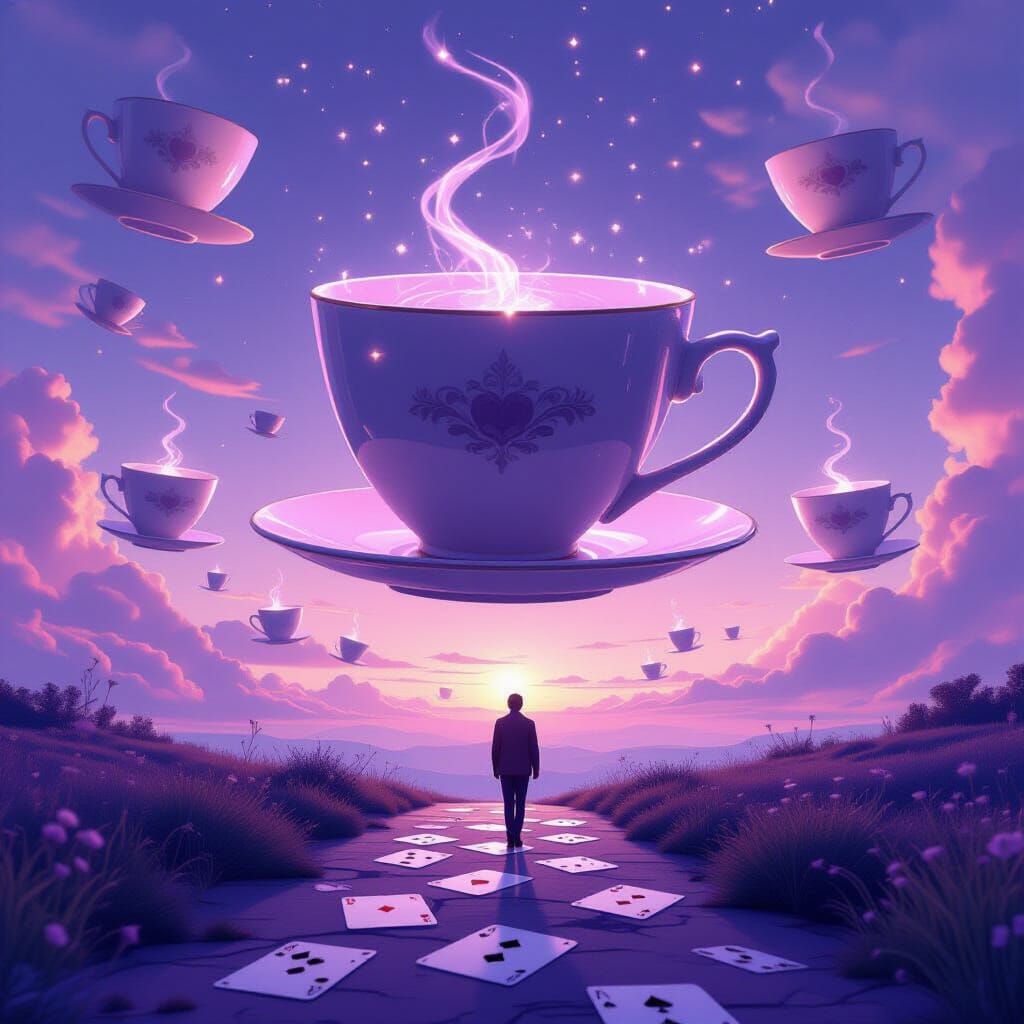 Giant Floating Teacups in Lavender Sky