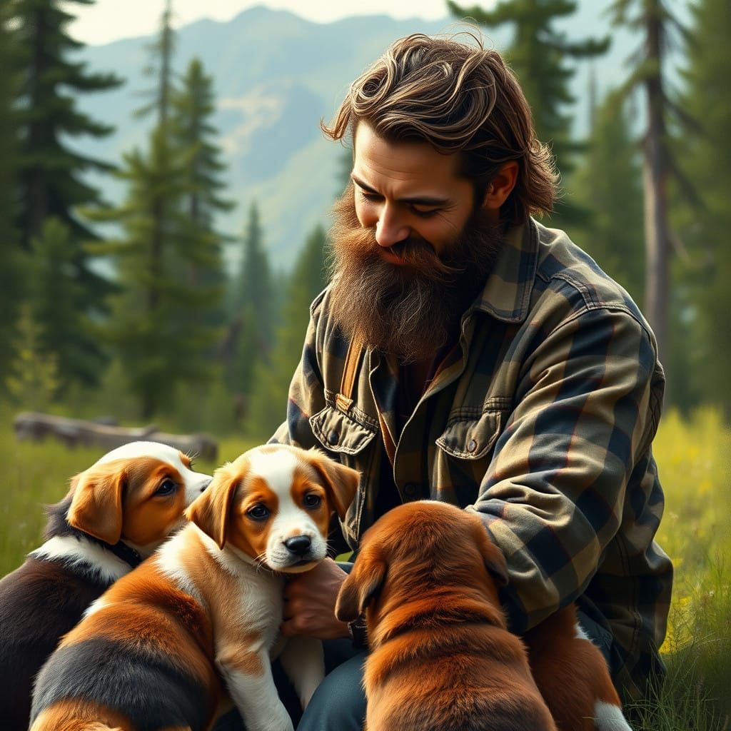 Rustic Gentleman Surrounded by Playful Puppies in a Natural...