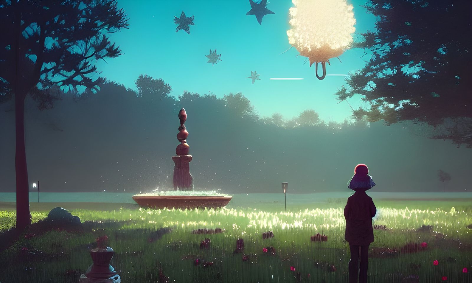 Stars Erupting from Fountain: Surreal Matte Painting