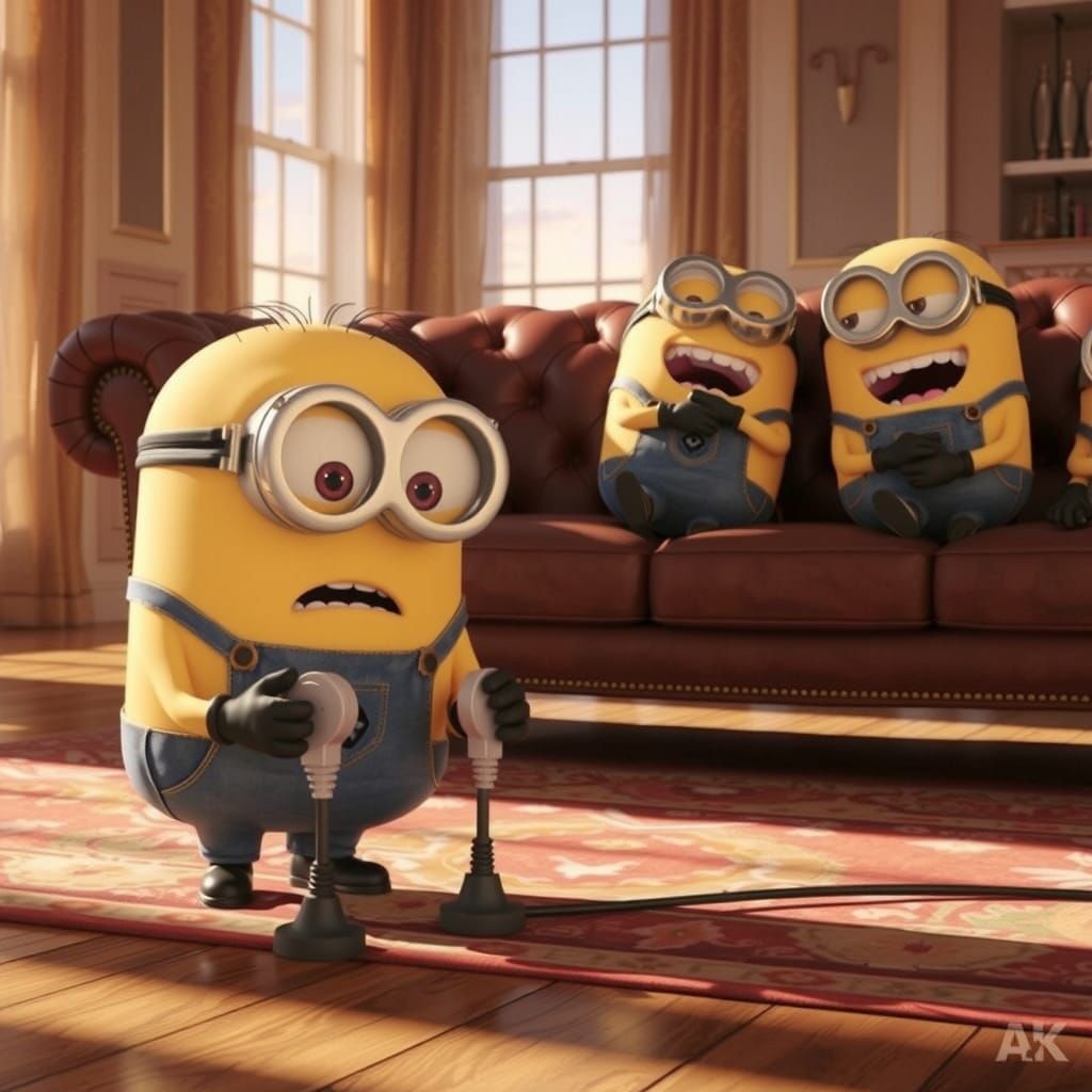 Confused Minion with Electrical Plugs, Pixar Style