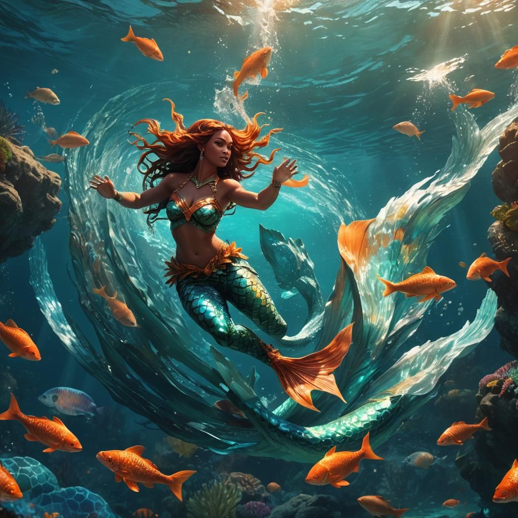 Polynesian Mermaid in Turquoise Ocean: Fantasy Art