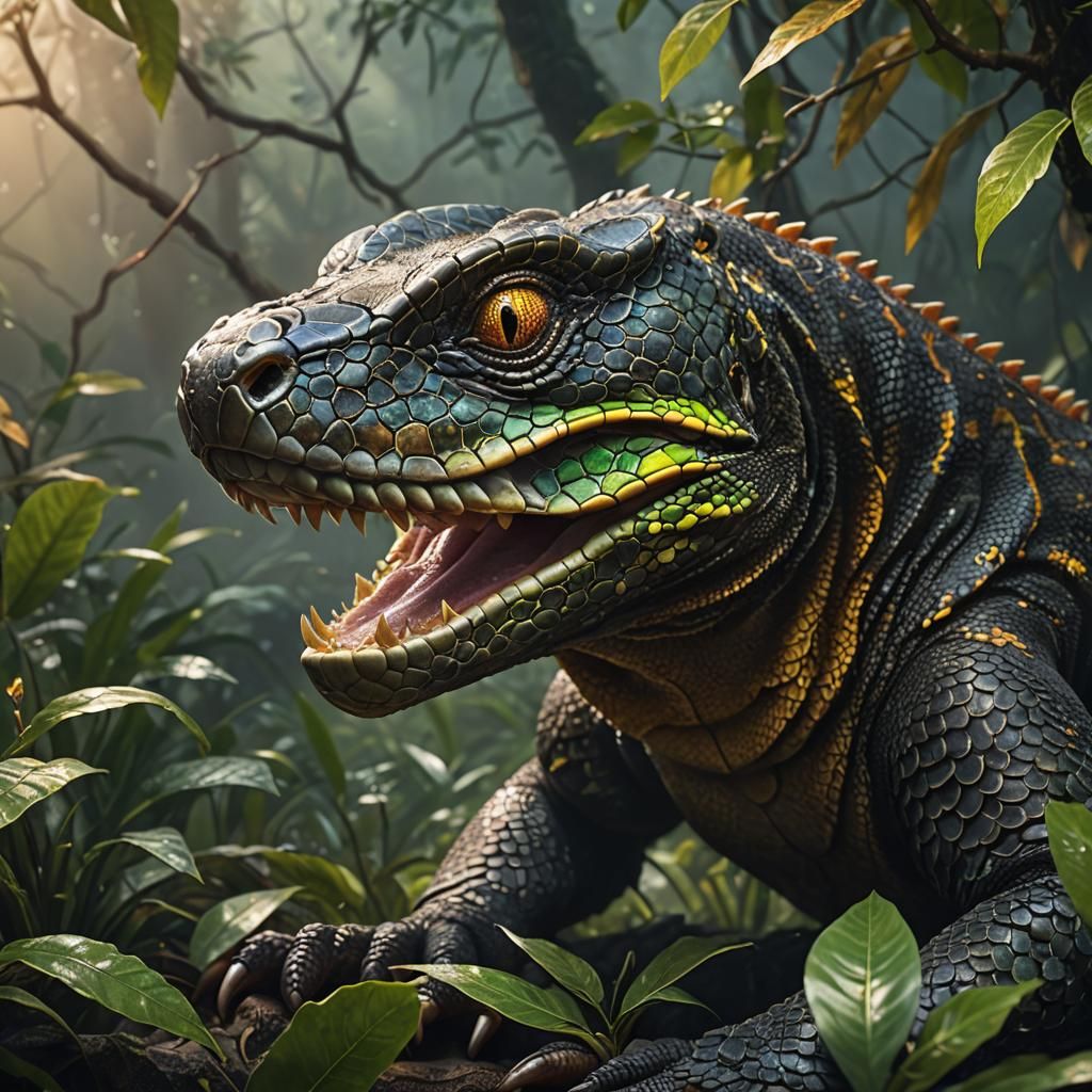 Komodo Dragonsnake in Misty Jungle: Hyper-Realistic Digital ...