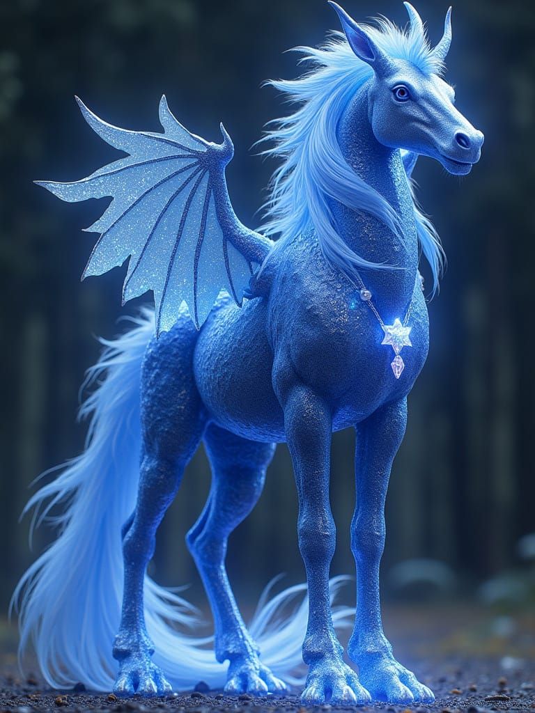 A Majestic Crystalline Kirin with Indigo Dragon Wings and Sh...