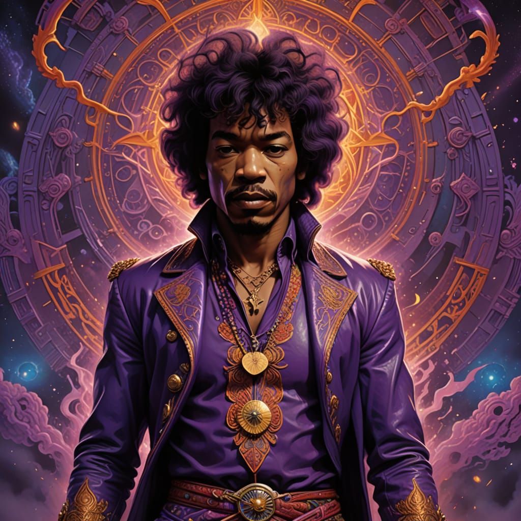 Ethereal Jimi Hendrix in a Kaleidoscopic Dreamscape, Cyberpu...