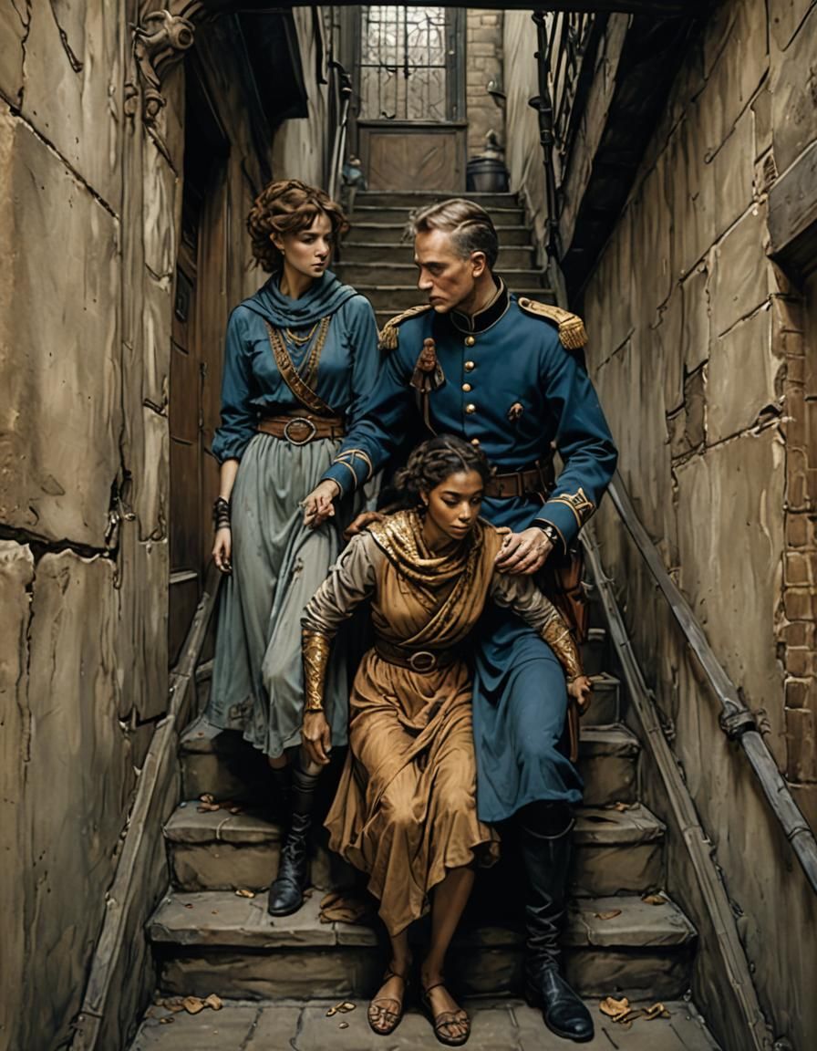 Officer and Woman in Tenement Stairwell, Ink Illustration