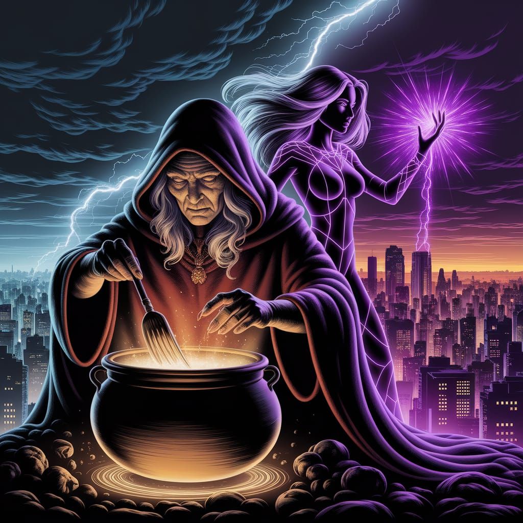 Witch Stirring Fate in Stormy Sky with Neon Magic Cityscape