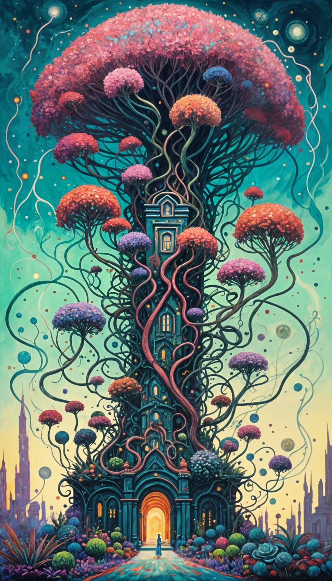 Living Cathedral in Cosmic Star Garden: Expressionist Illust...
