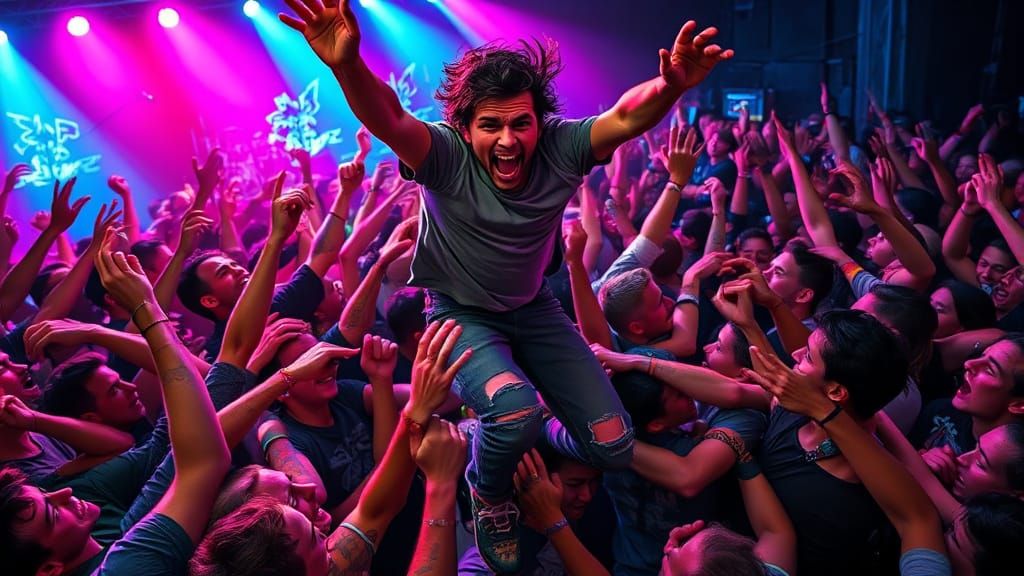 Hyperrealistic Moshpit Scene in Vibrant Colors