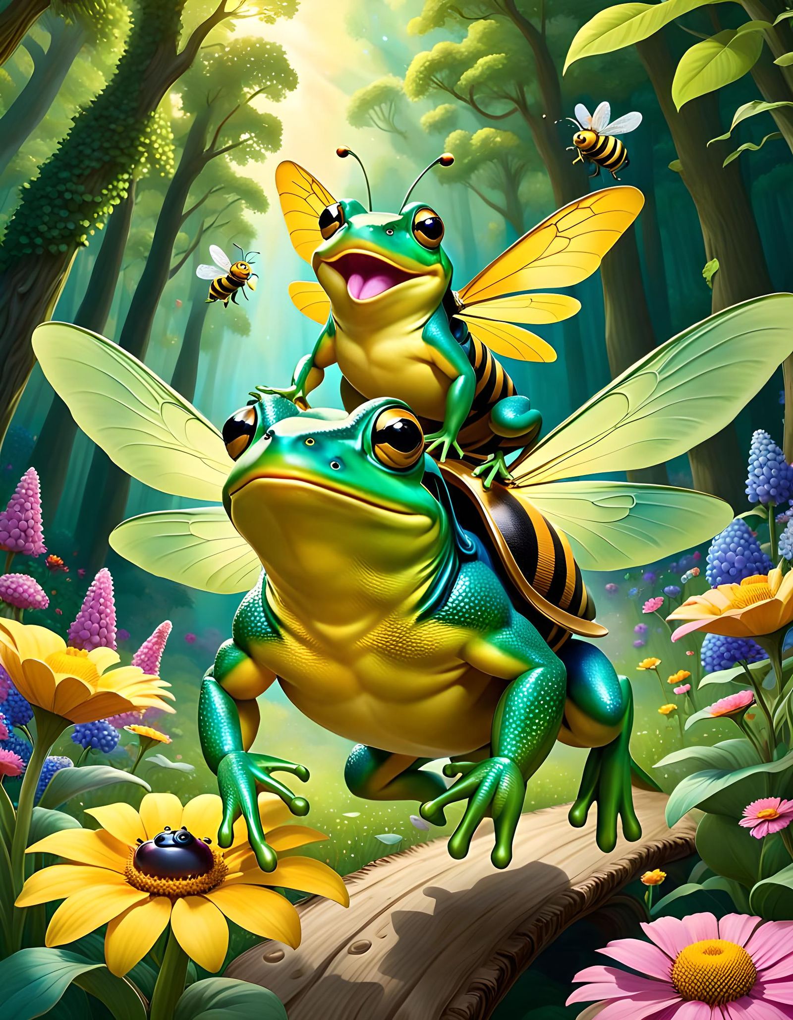 Frog and Bee Adventure: Surreal Illustration