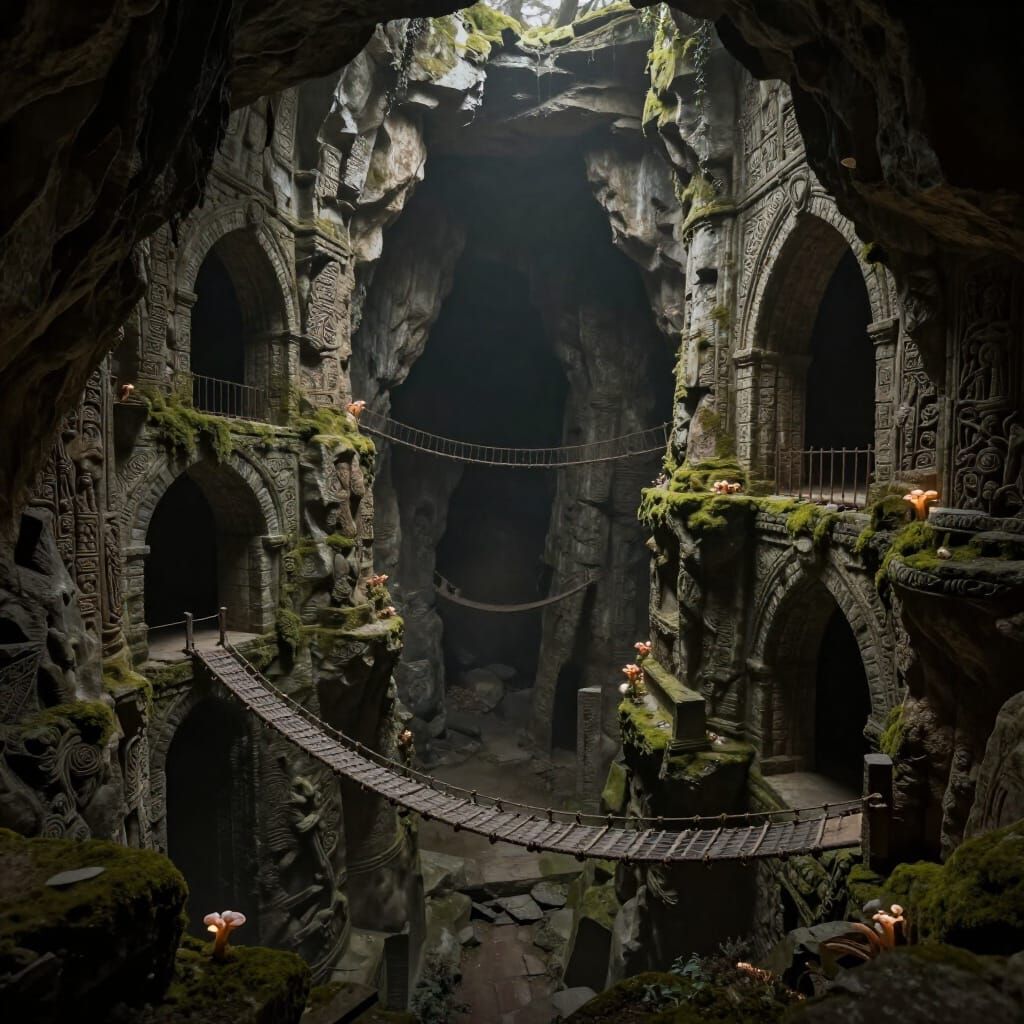 Dark Dwarven Ruin in Ominous Cave with Rope Bridges