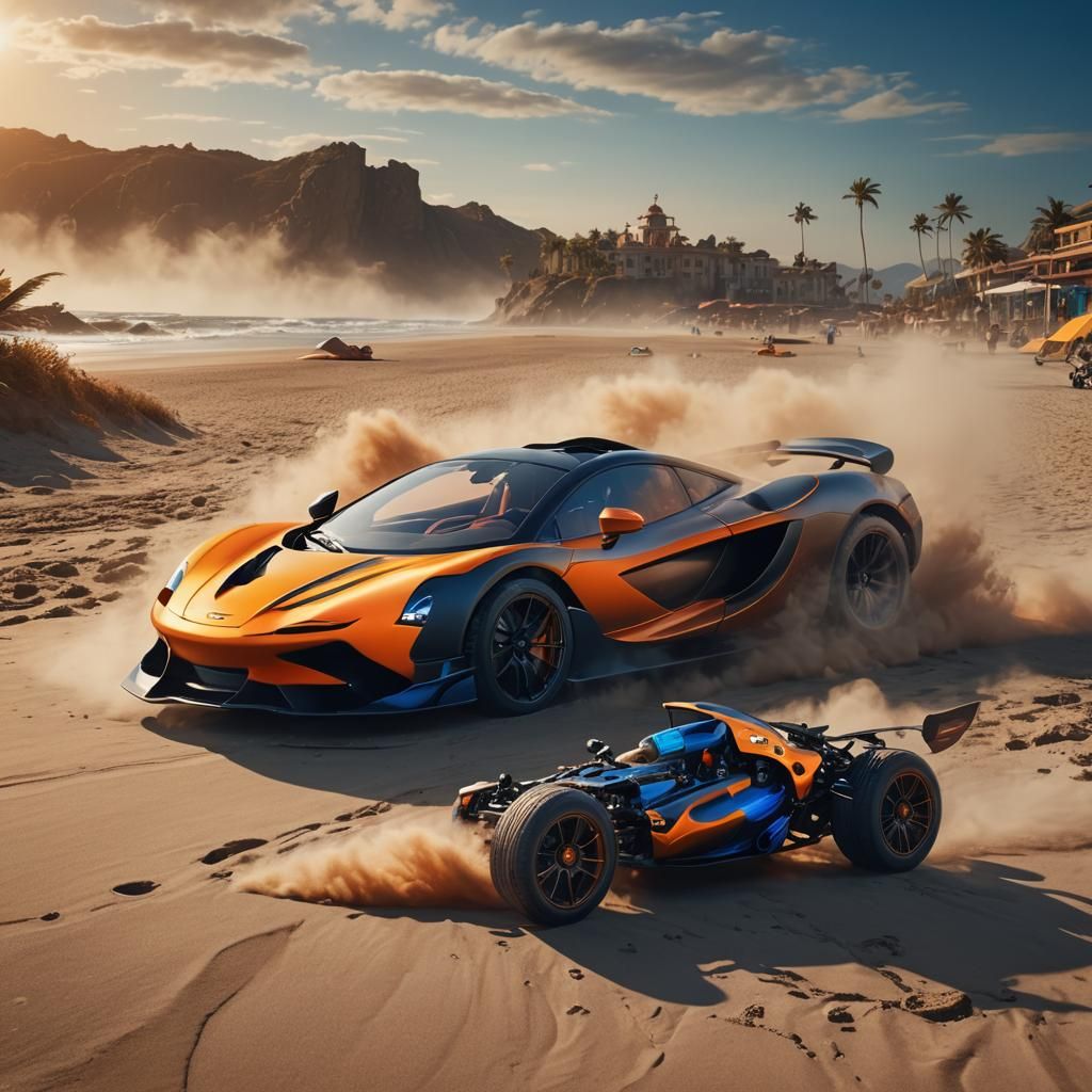 McLaren on Beach with Smoking Wheels: Fantasy Art