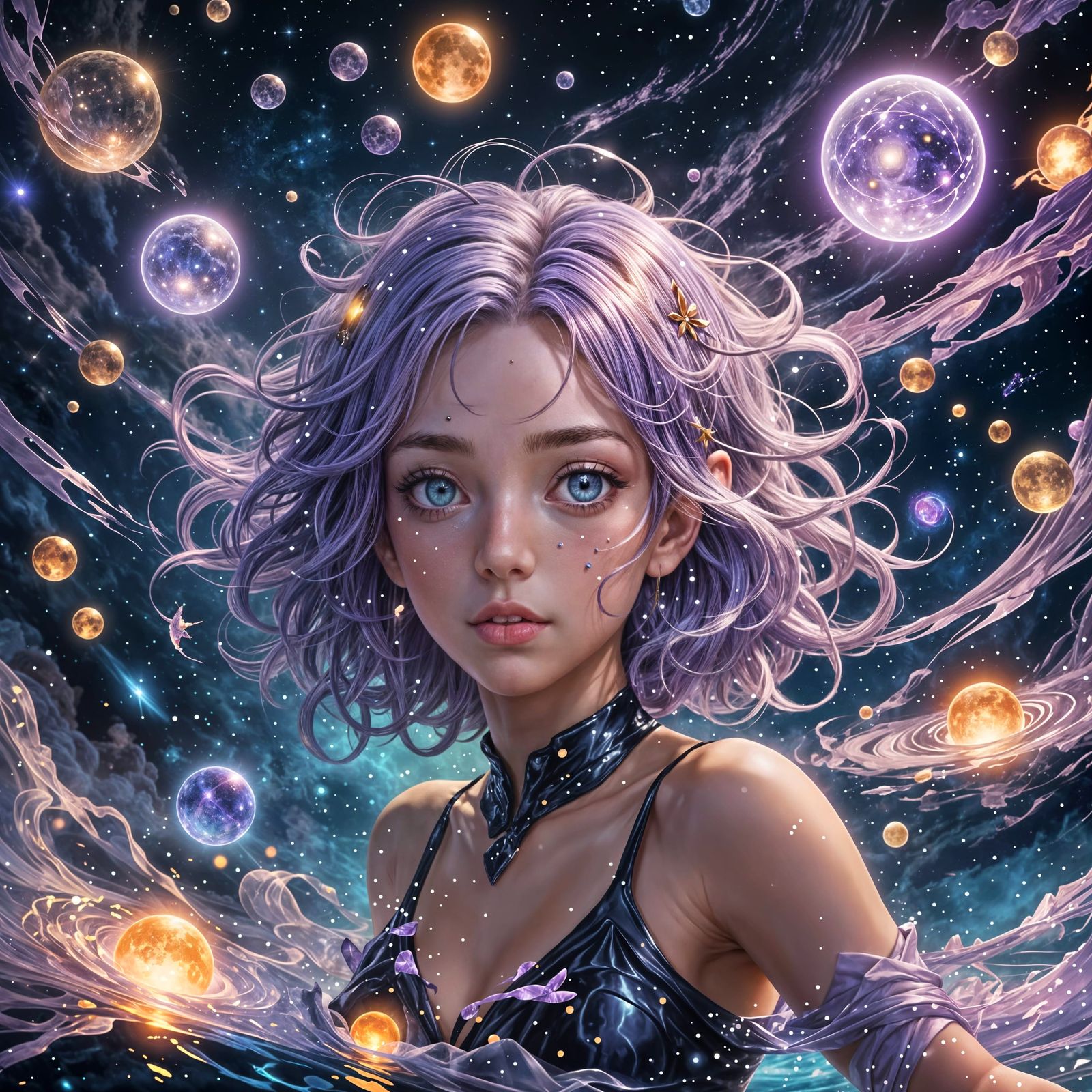 Ethereal Anime Girl Swimming in Cosmic Star Pool