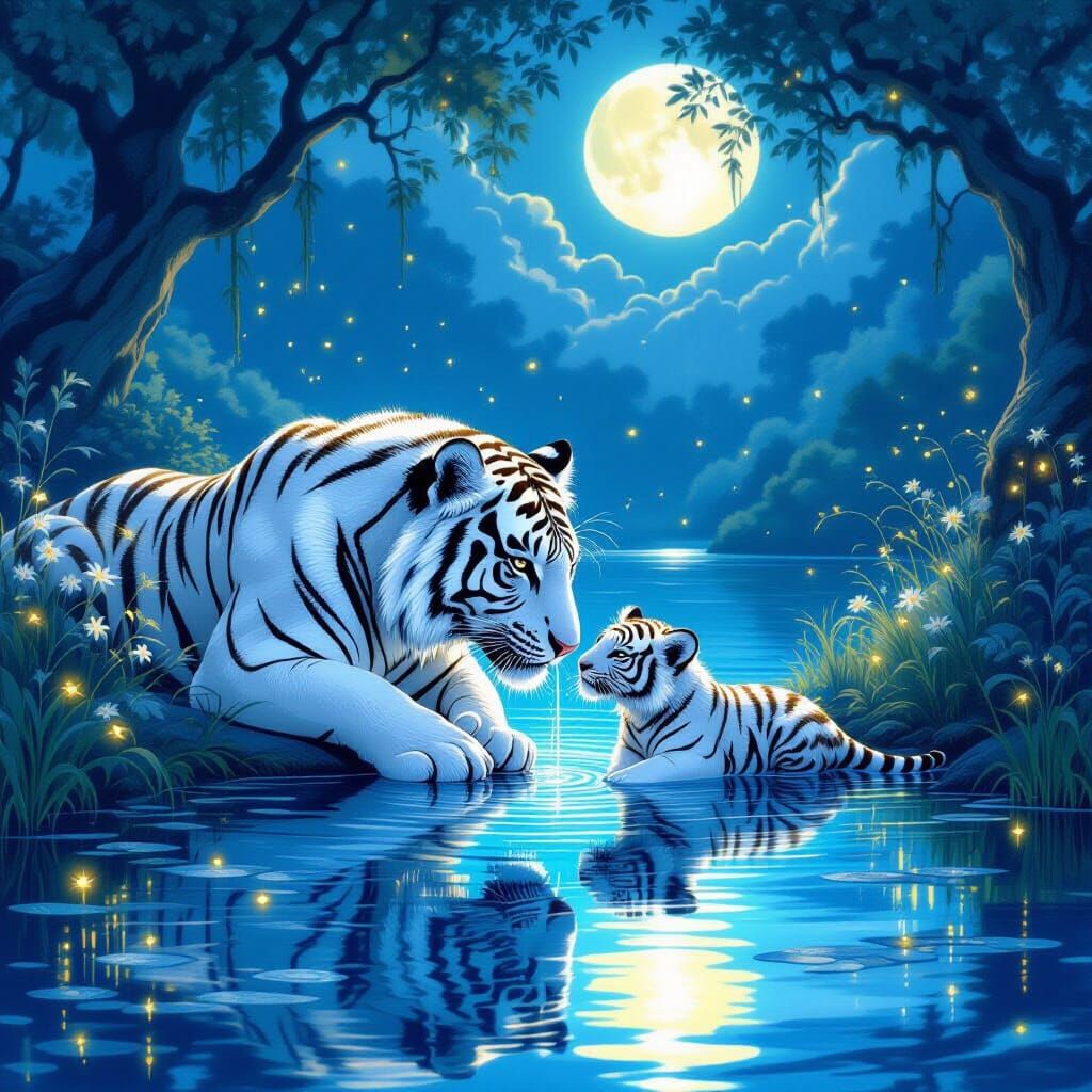 White Tiger Family in Moonlit Ghibli-Inspired Scene