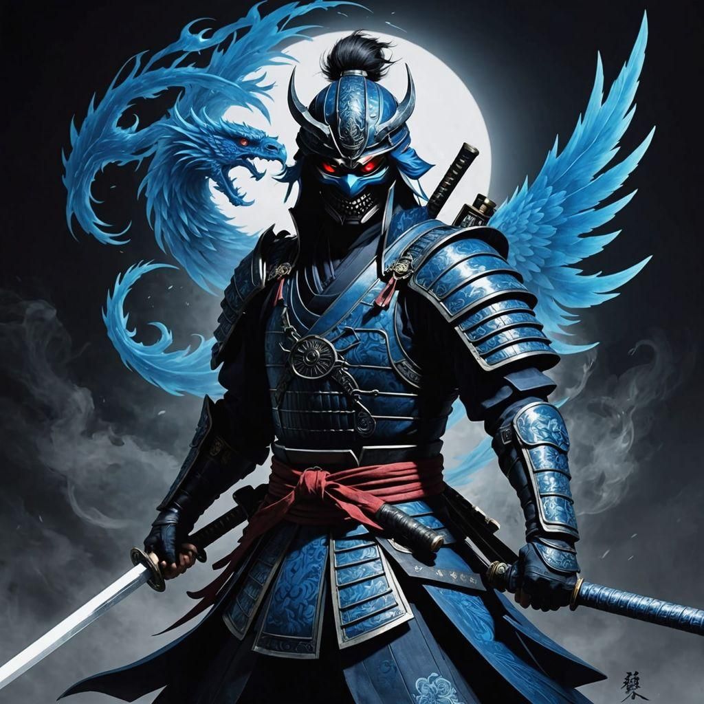 Samurai Oni with Blue Phoenix and Katana