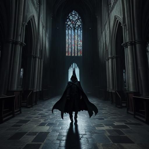 Hooded Figure in Ruined Cathedral: Gothic Oil Painting