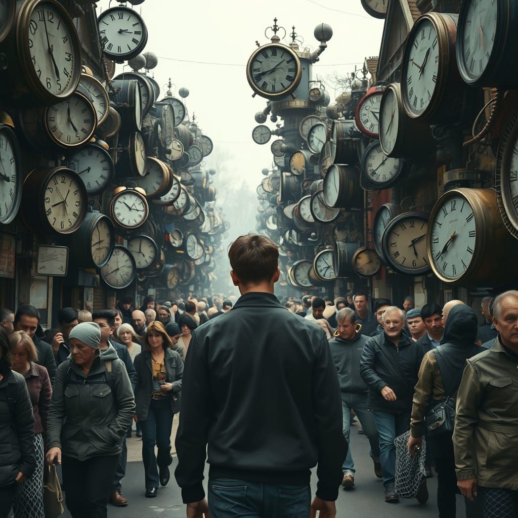 Surreal Suburban Street Scene with Clocks and Industrial Bio...