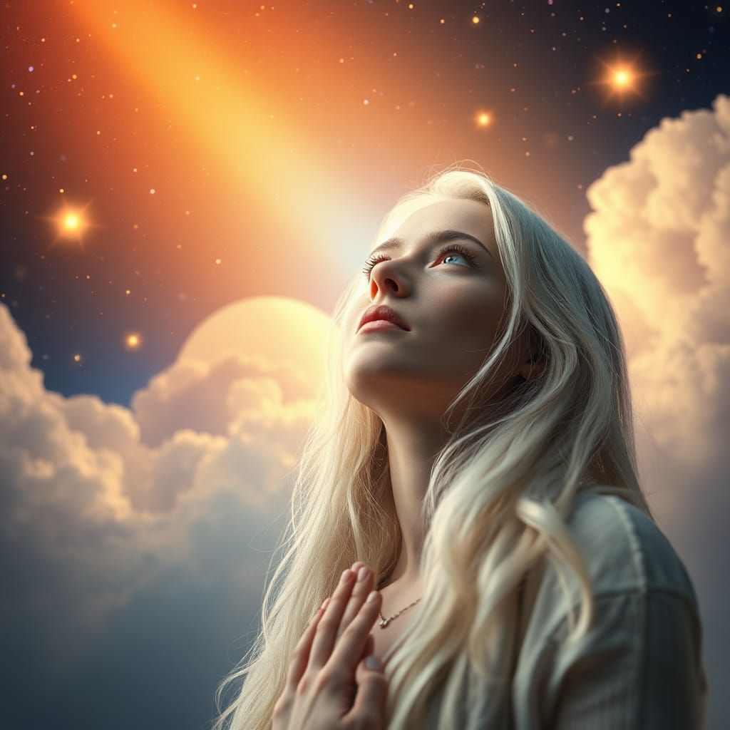 Spiritual Woman Praying in Ethereal Celestial Scene