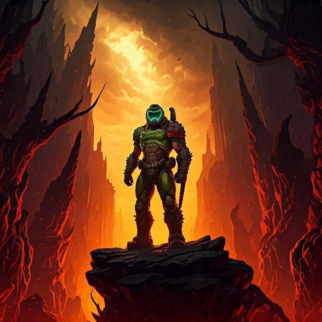 Dark Fantasy Doomguy Hero at Hell's Maw in Art Nouveau Style