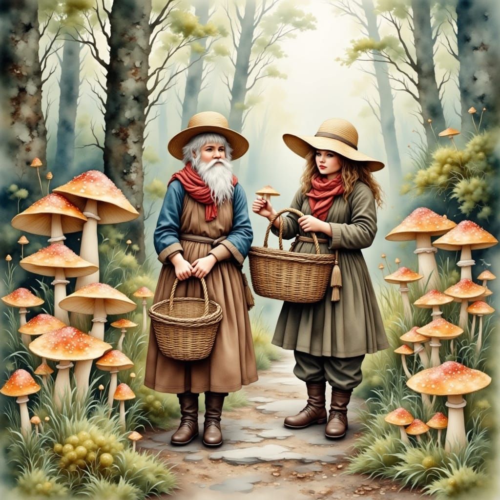 Whimsical Mushroom Gatherers in Enchanted Forest